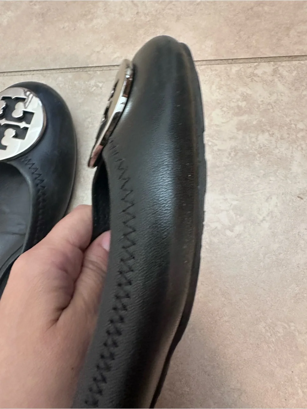 Tory Burch Black Leather Logo Cap-Toe Ballet Flats